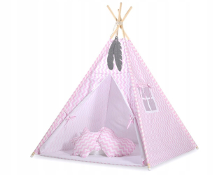TIPI stan pre deti + karimatka + prívesky z peria - Chevron ružový